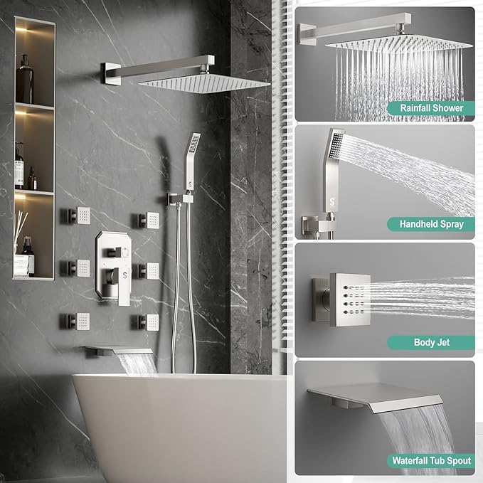 Waist Massage Shower System with 6 Body Jets and Tub Spout, 12