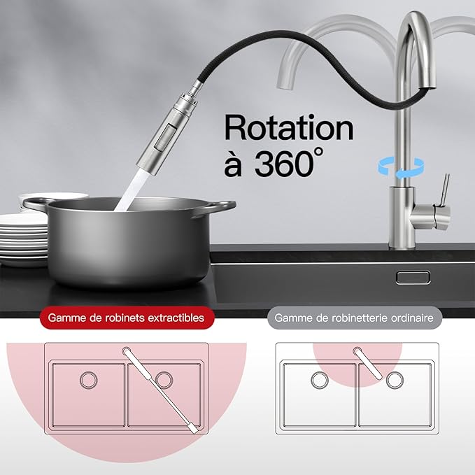 Rainsworth Ausziehbarer Küchenwasserhahn – Hochdruckarmatur mit 360° Drehung und Zwei Wasserstrahlarten aus Edelstahl