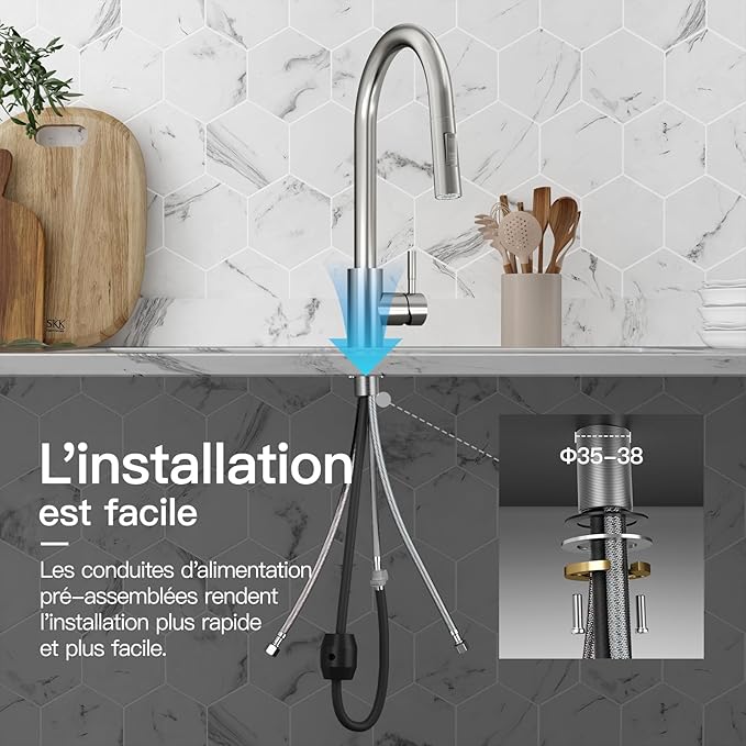 Rainsworth Ausziehbarer Küchenwasserhahn – Hochdruckarmatur mit 360° Drehung und Zwei Wasserstrahlarten aus Edelstahl