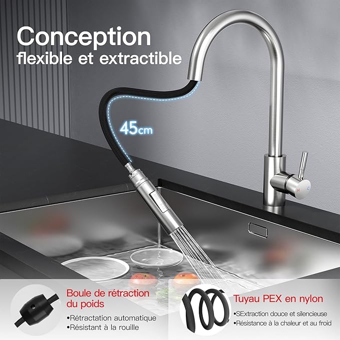 Rainsworth Ausziehbarer Küchenwasserhahn – Hochdruckarmatur mit 360° Drehung und Zwei Wasserstrahlarten aus Edelstahl