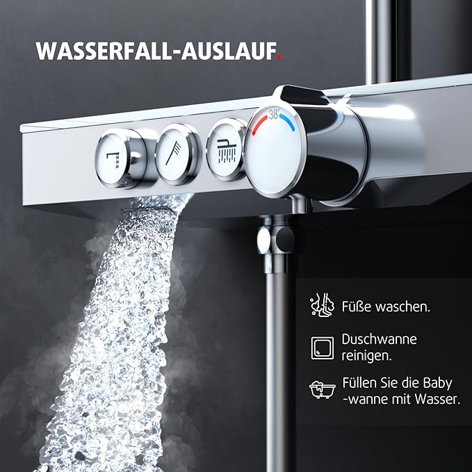 Chrome Thermostatic Shower System with 26x26cm Rain Shower, 3-Mode Handheld & Lower Outlet