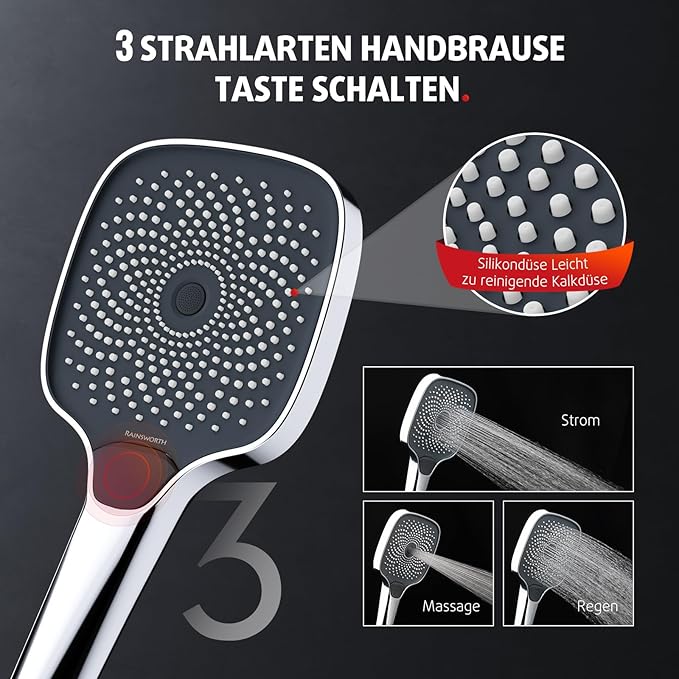 Chrome Thermostatic Shower System with 26x26cm Rain Shower, 3-Mode Handheld & Lower Outlet