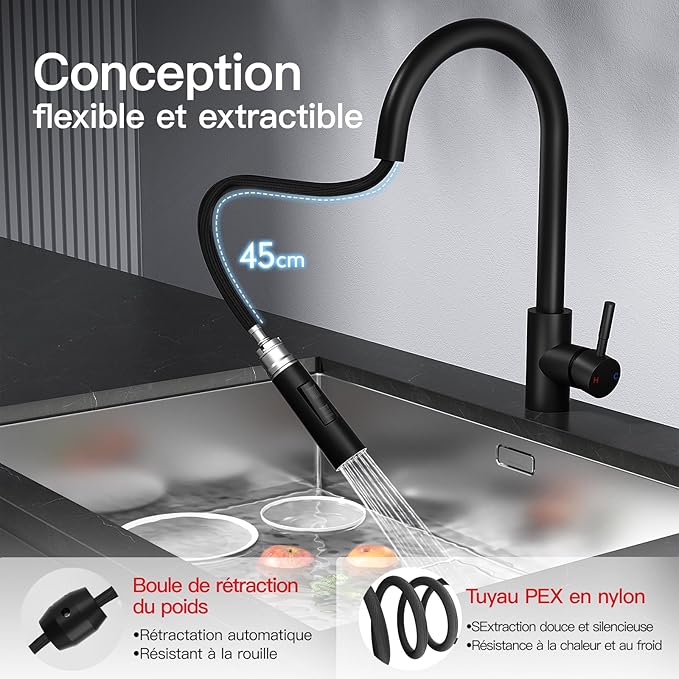Rainsworth Ausziehbarer Küchenwasserhahn – Hochdruckarmatur mit 360° Drehung und Zwei Wasserstrahlarten aus Edelstahl