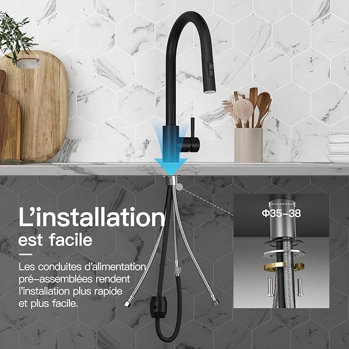 Rainsworth Ausziehbarer Küchenwasserhahn – Hochdruckarmatur mit 360° Drehung und Zwei Wasserstrahlarten aus Edelstahl