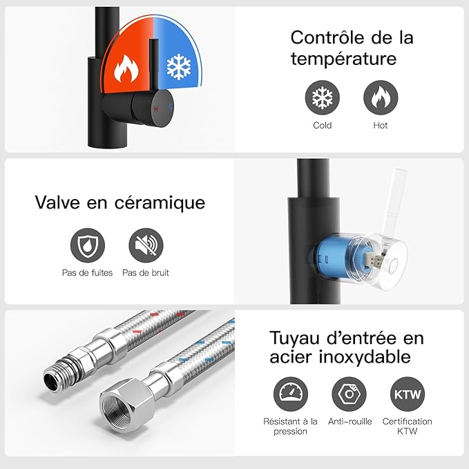 Rainsworth Ausziehbarer Küchenwasserhahn – Hochdruckarmatur mit 360° Drehung und Zwei Wasserstrahlarten aus Edelstahl