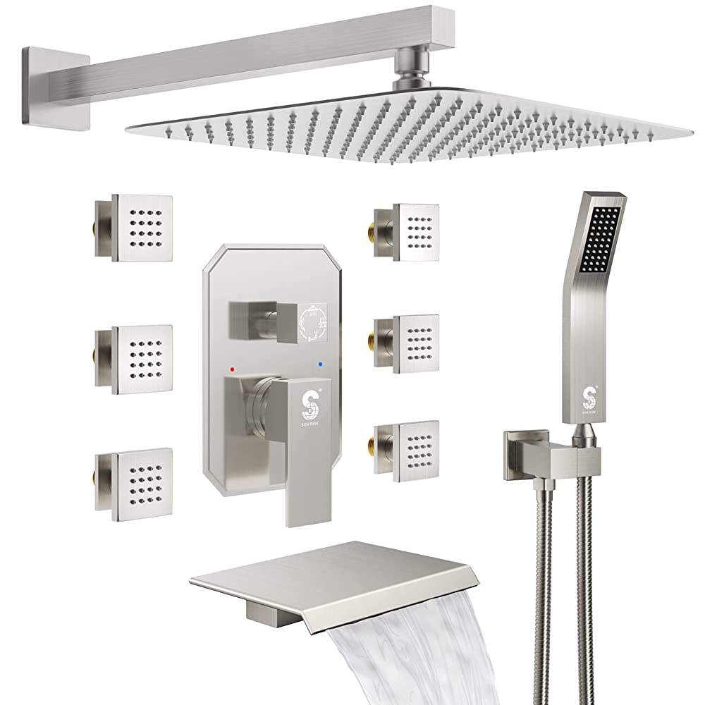 Waist Massage Spray Shower System with 6 Body Jets and Tub Spout, 12'' Rainfall Bathtub Shower System with Shower Jet, Wall Mounted Rain Shower and Handheld Shower Faucet Sets Complete, Brushed Nickel