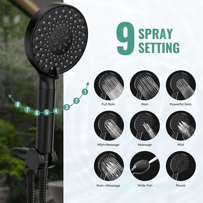 High Pressure Handheld Shower Head with 9 Spray Modes and Water Softener Filter – Removes Chlorine from Hard Water