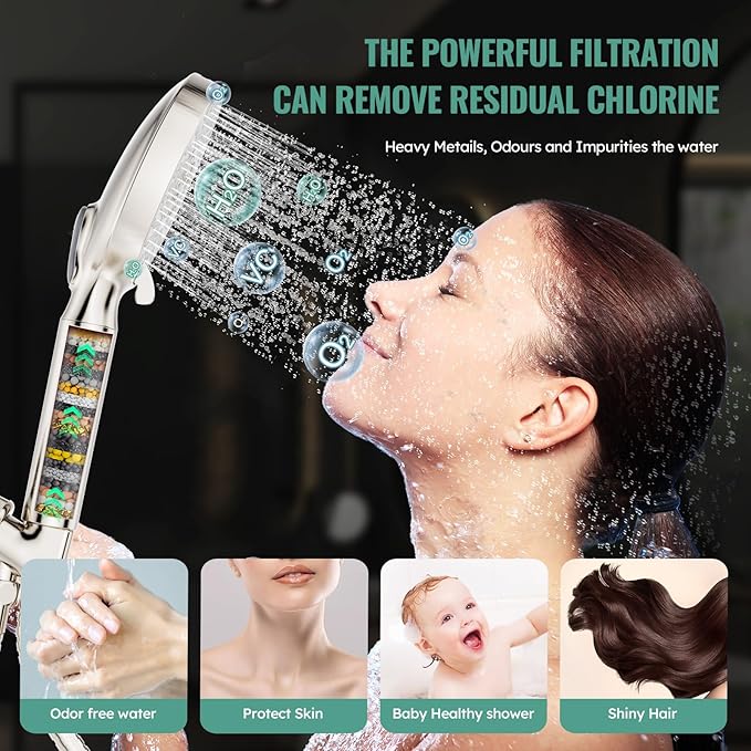 High Pressure Handheld Shower Head with 9 Spray Modes and Water Softener Filter – Removes Chlorine from Hard Water