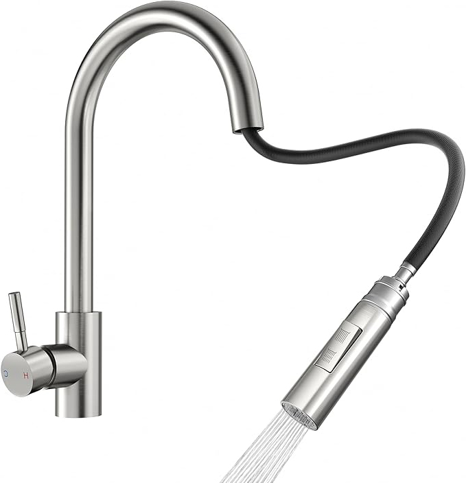 Pull-Out Sprayer Kitchen Faucet, Stainless Steel, Easy Install