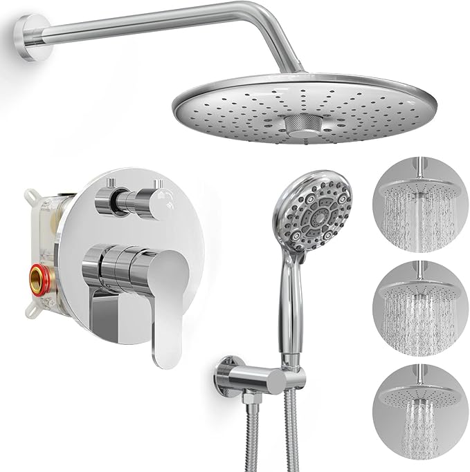 Black Shower System - 10 Inches Rain Shower Head Faucet- 6 Setting Handheld Shower Head Set- Valve Included - Matte Black