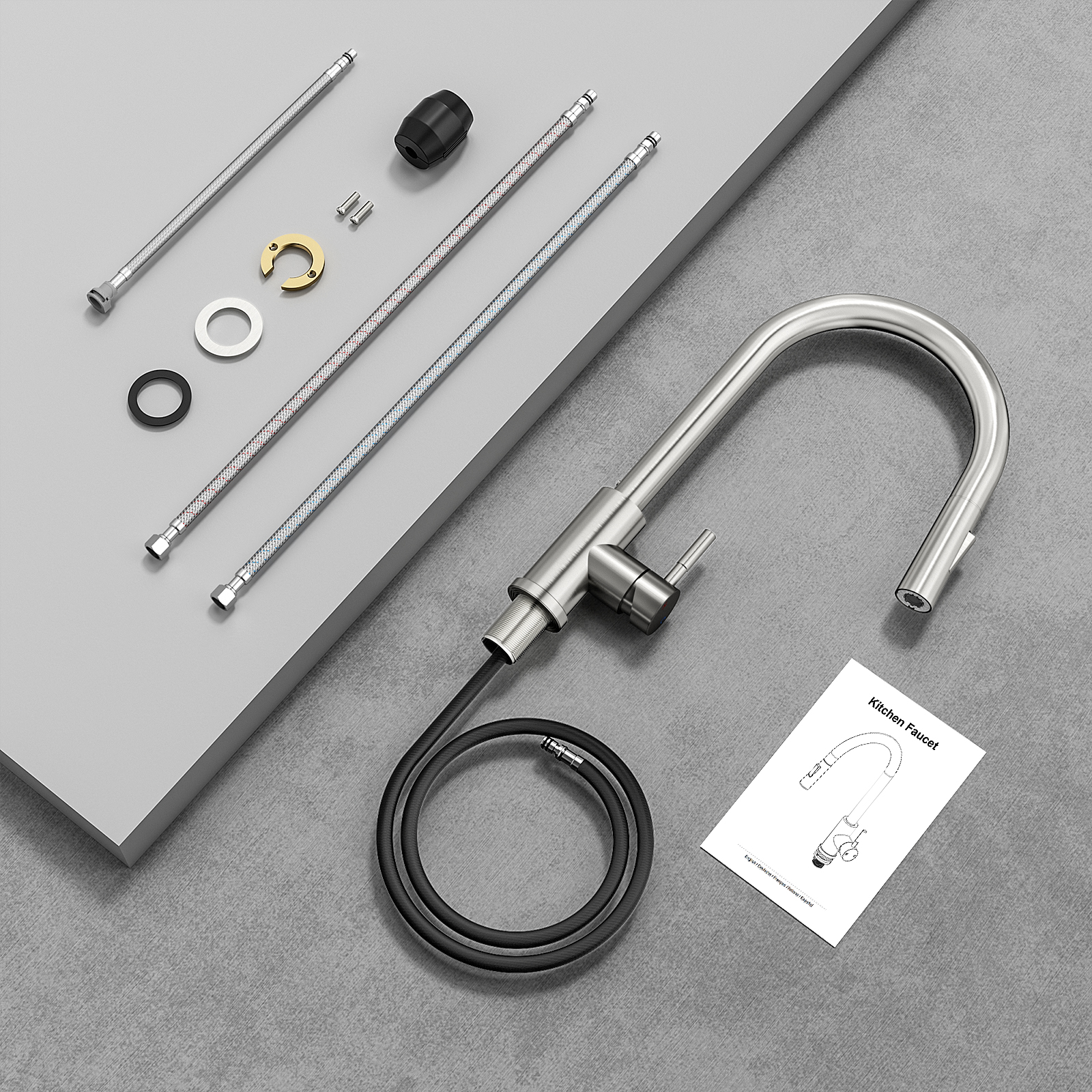 Rainsworth Ausziehbarer Küchenwasserhahn – Hochdruckarmatur mit 360° Drehung und Zwei Wasserstrahlarten aus Edelstahl