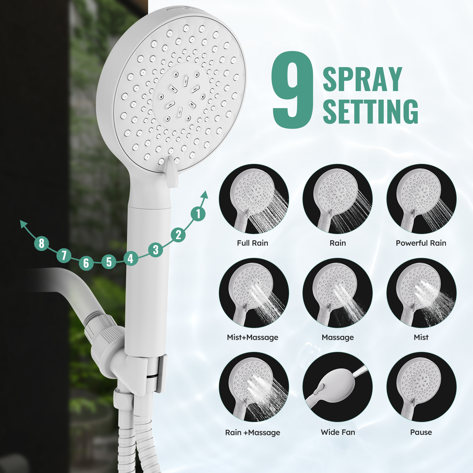 High Pressure Handheld Shower Head with 9 Spray Modes and Water Softener Filter – Removes Chlorine from Hard Water