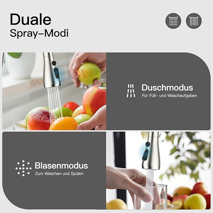 Rainsworth Ausziehbarer Küchenwasserhahn – Hochdruckarmatur mit 360° Drehung und Zwei Wasserstrahlarten aus Edelstahl