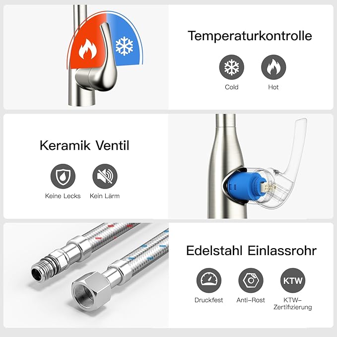 Rainsworth Ausziehbarer Küchenwasserhahn – Hochdruckarmatur mit 360° Drehung und Zwei Wasserstrahlarten aus Edelstahl