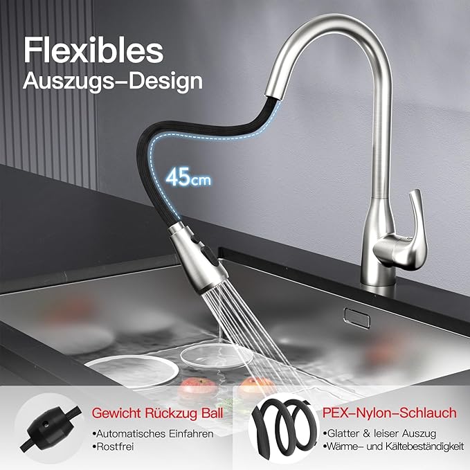 Rainsworth Ausziehbarer Küchenwasserhahn – Hochdruckarmatur mit 360° Drehung und Zwei Wasserstrahlarten aus Edelstahl