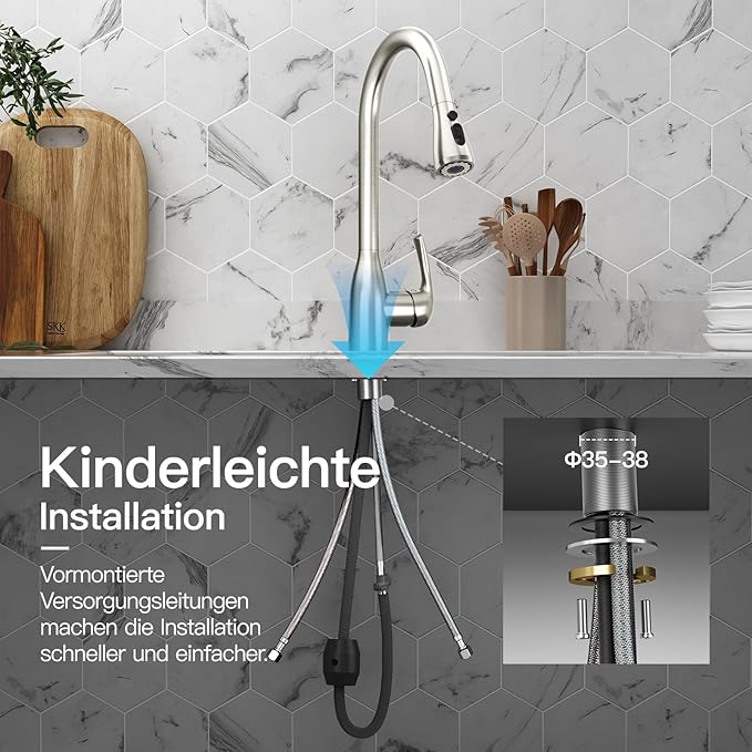 Rainsworth Ausziehbarer Küchenwasserhahn – Hochdruckarmatur mit 360° Drehung und Zwei Wasserstrahlarten aus Edelstahl