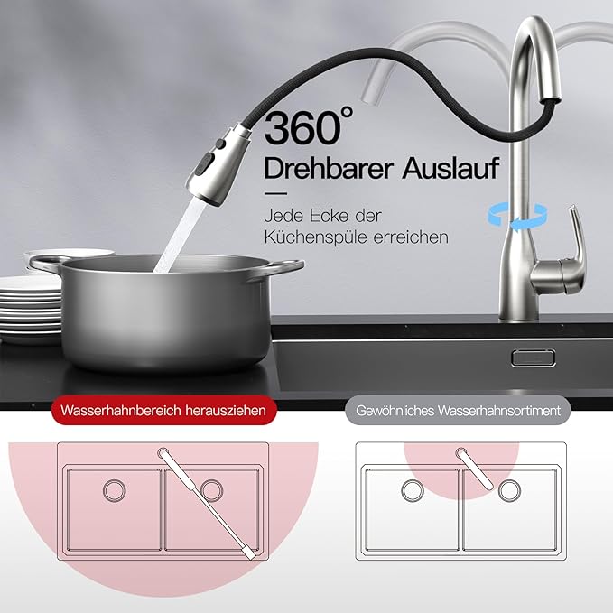 Rainsworth Ausziehbarer Küchenwasserhahn – Hochdruckarmatur mit 360° Drehung und Zwei Wasserstrahlarten aus Edelstahl