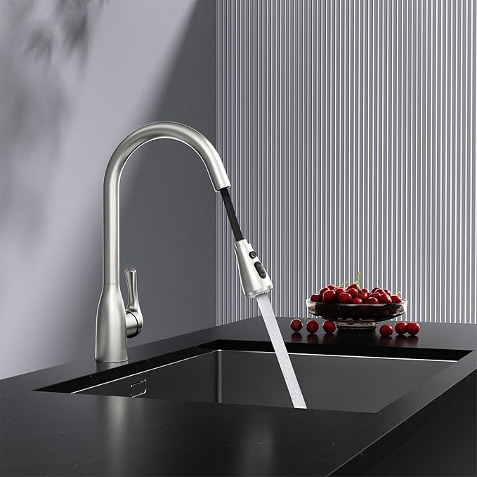 Rainsworth Ausziehbarer Küchenwasserhahn – Hochdruckarmatur mit 360° Drehung und Zwei Wasserstrahlarten aus Edelstahl