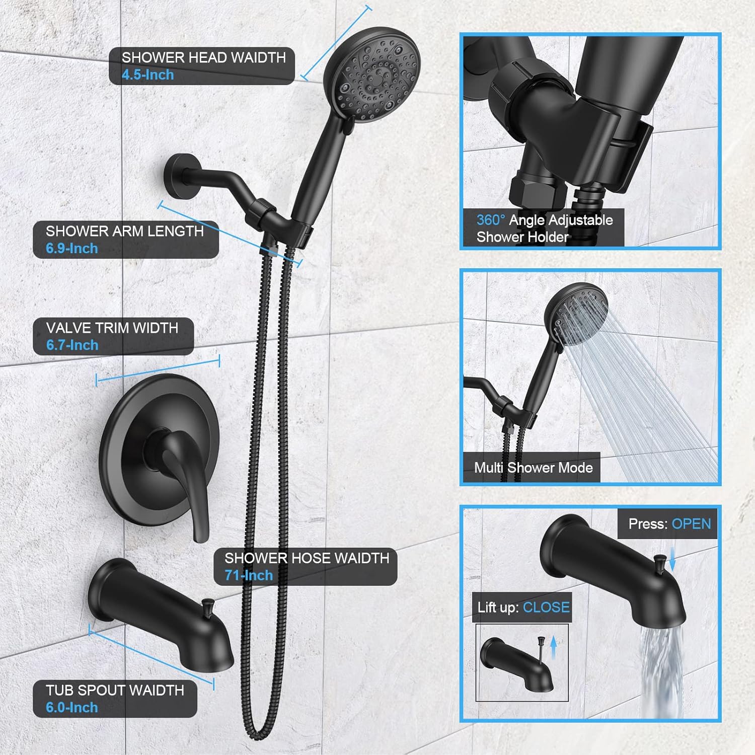 EMBATHER 2-in-1 Bathtub Faucet Set with 8-Mode Shower Head, Single Handle