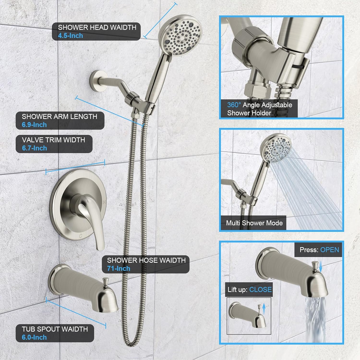EMBATHER 2-in-1 Bathtub Faucet Set with 8-Mode Shower Head, Single Handle
