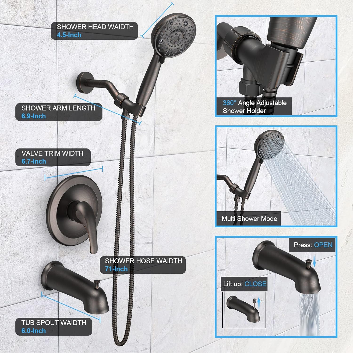 EMBATHER 2-in-1 Bathtub Faucet Set with 8-Mode Shower Head, Single Handle