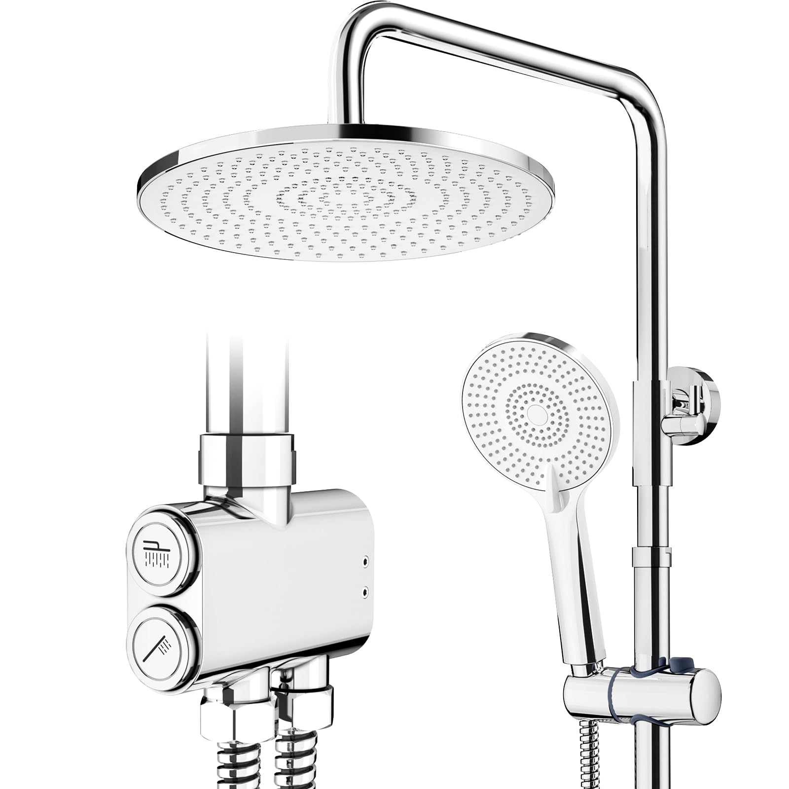 Shower Riser Kit with Diverter - Overhead Rain Shower & 3-Spray Hand Shower