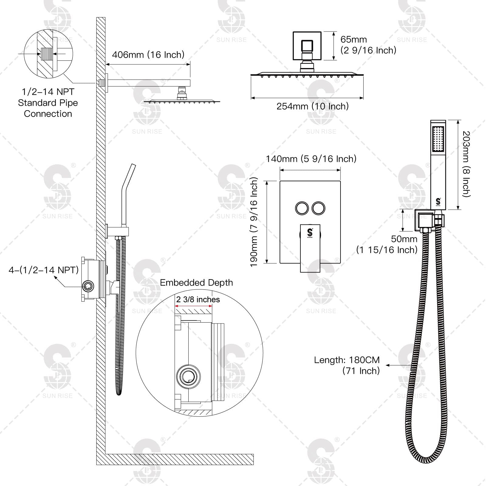 Cross Bar Button Shower Set (Square)