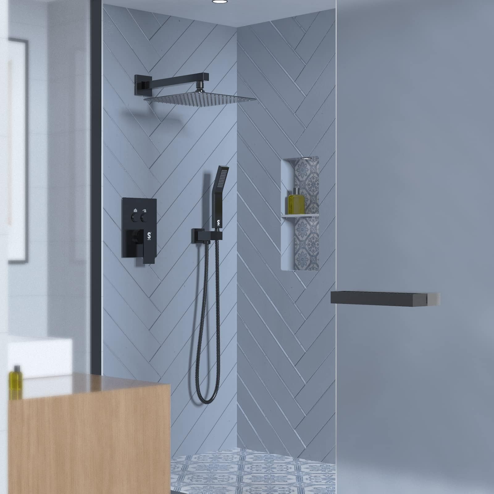 Cross Bar Button Shower Set (Square)