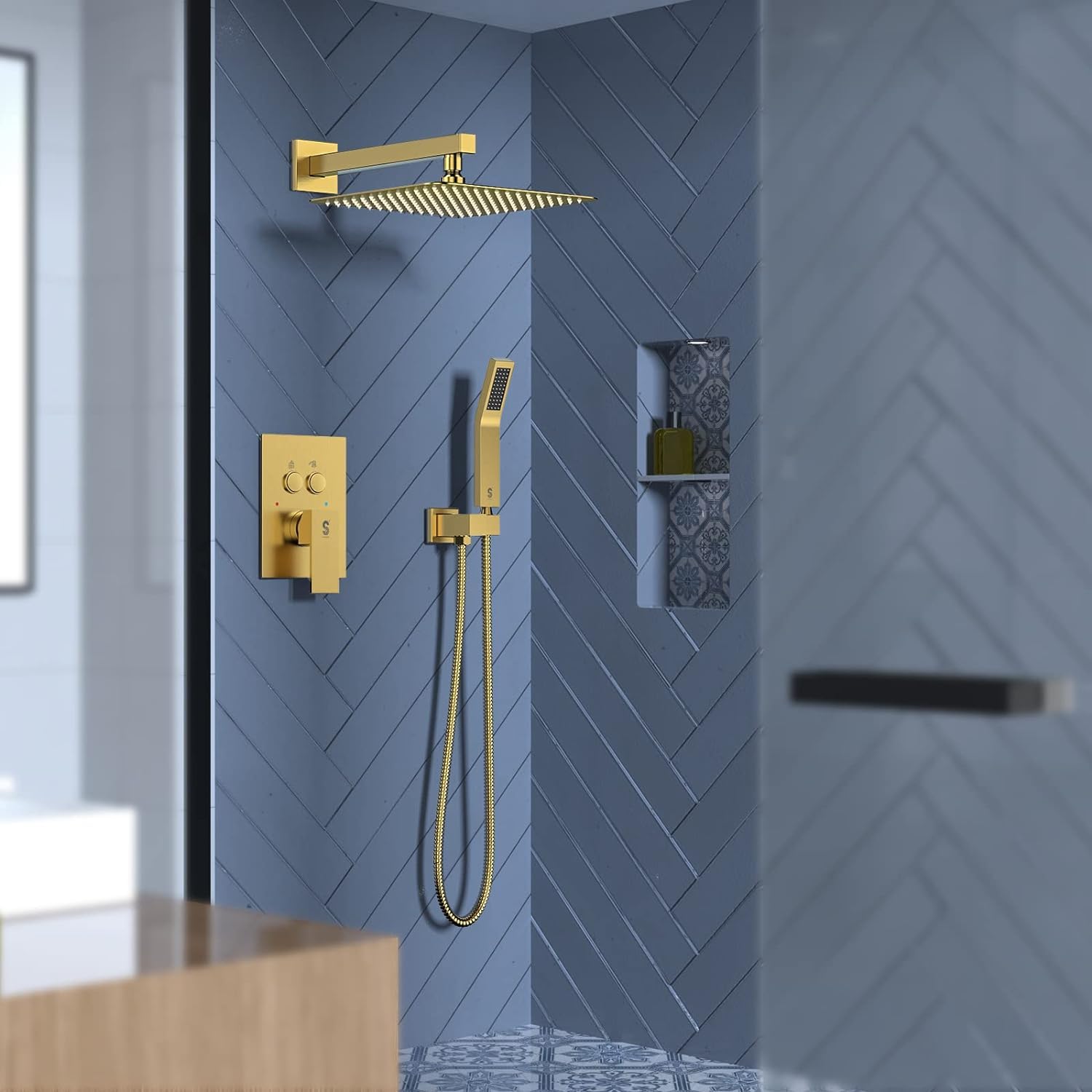 Cross Bar Button Shower Set (Square)