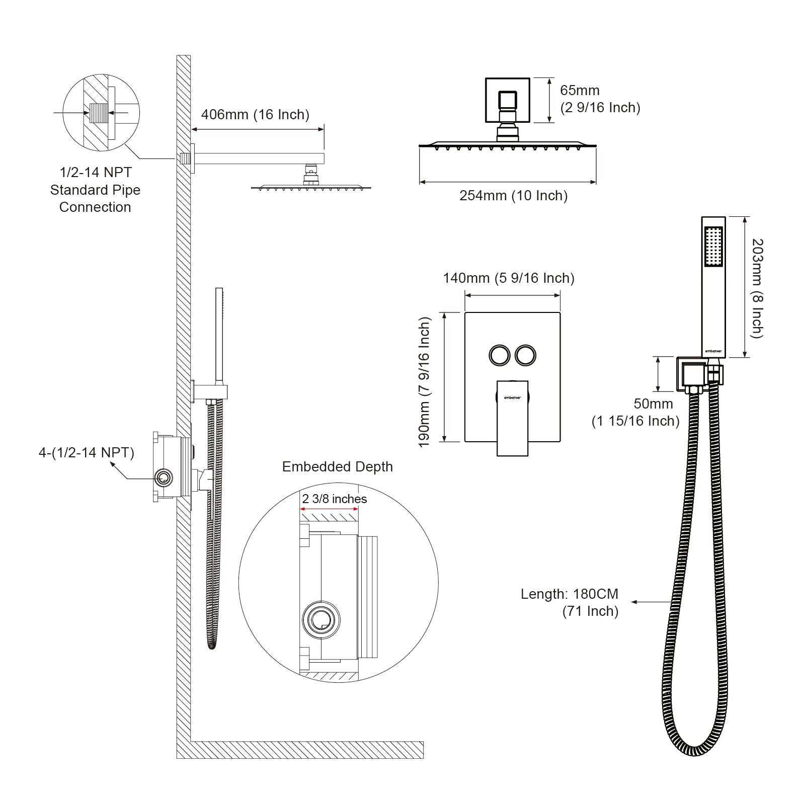 Cross Bar Button Shower Set (Square)