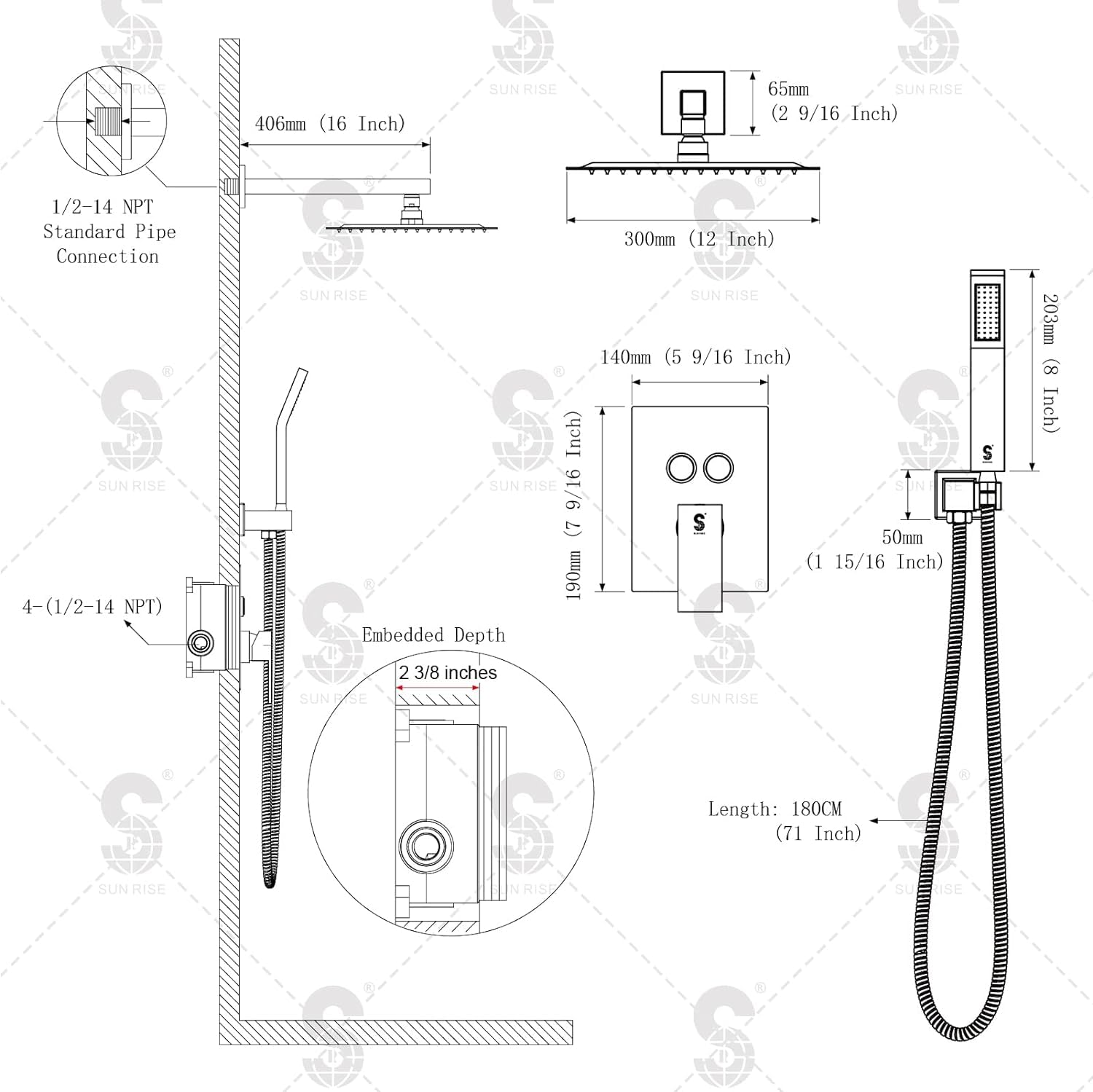 Cross Bar Button Shower Set (Square)