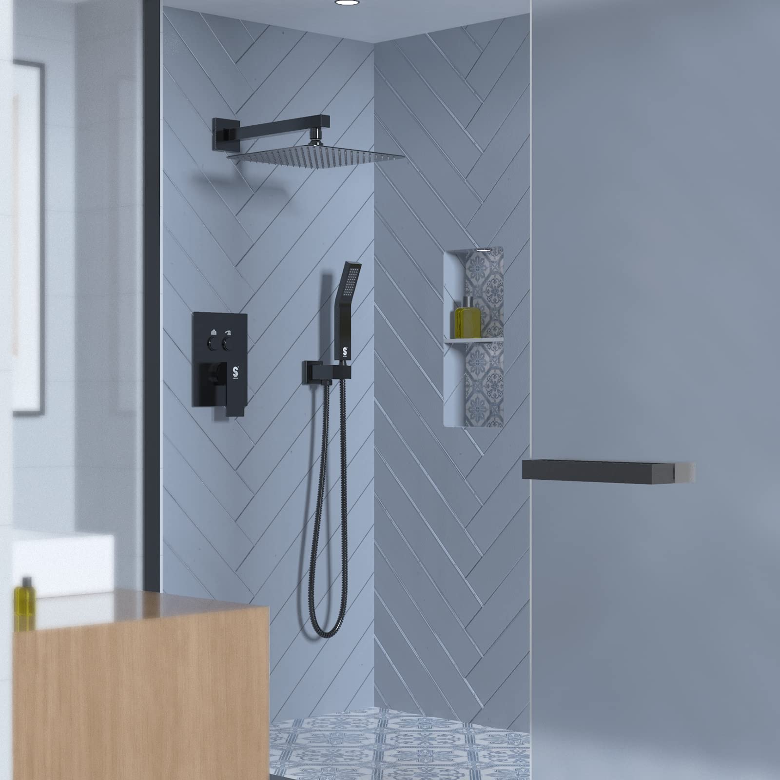 Cross Bar Button Shower Set (Square)