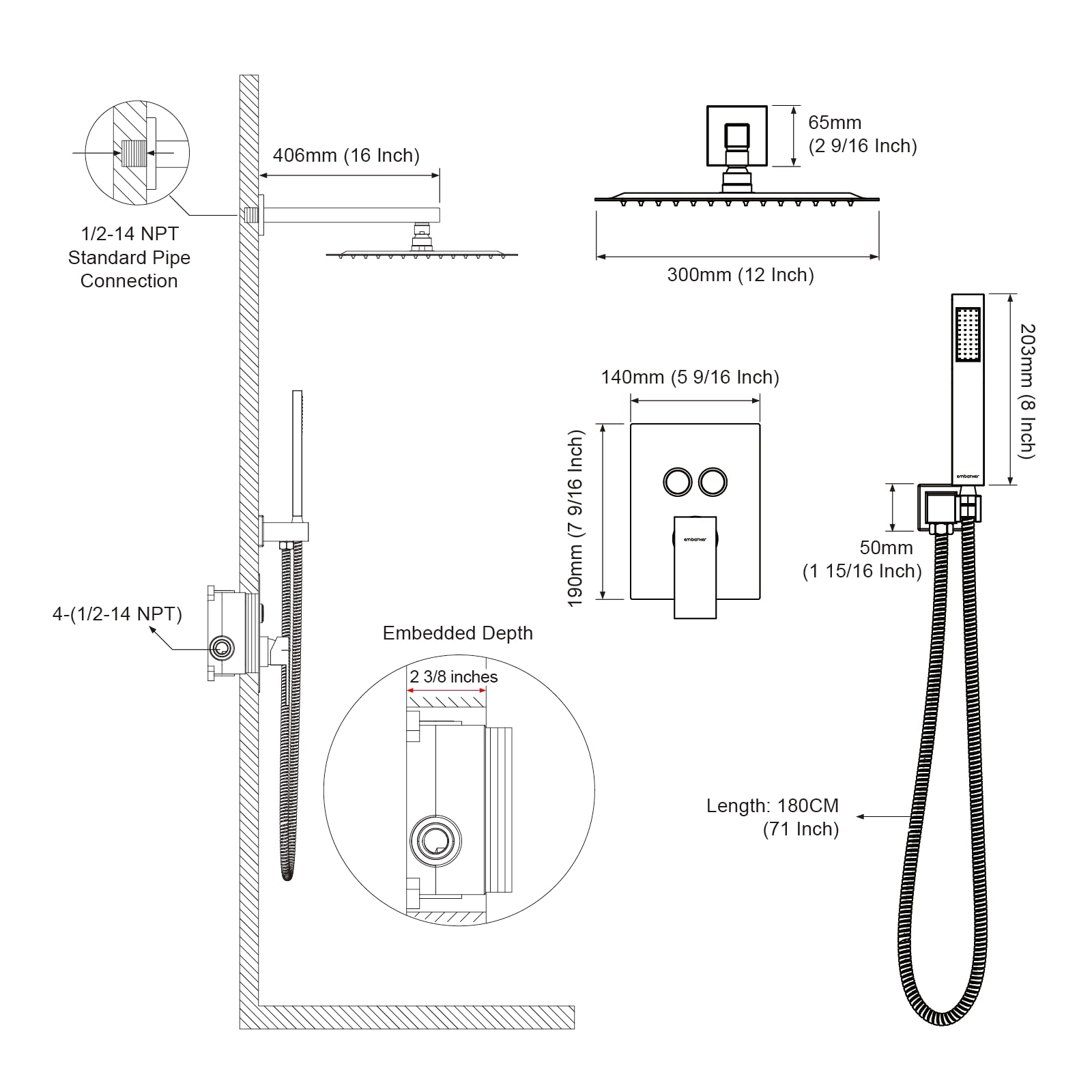 Cross Bar Button Shower Set (Square)