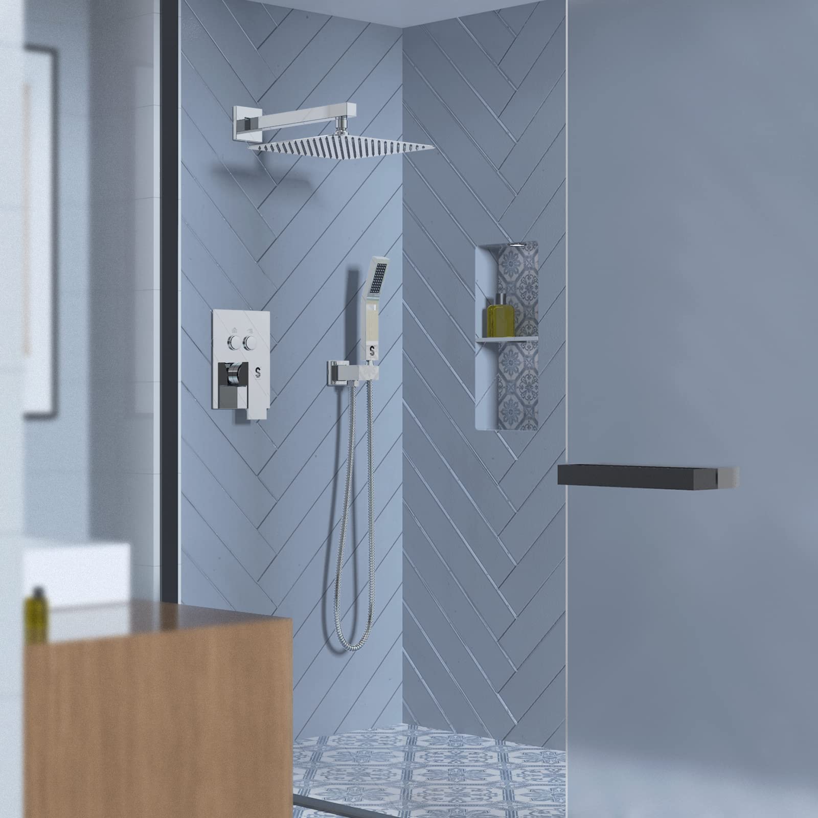 Cross Bar Button Shower Set (Square)