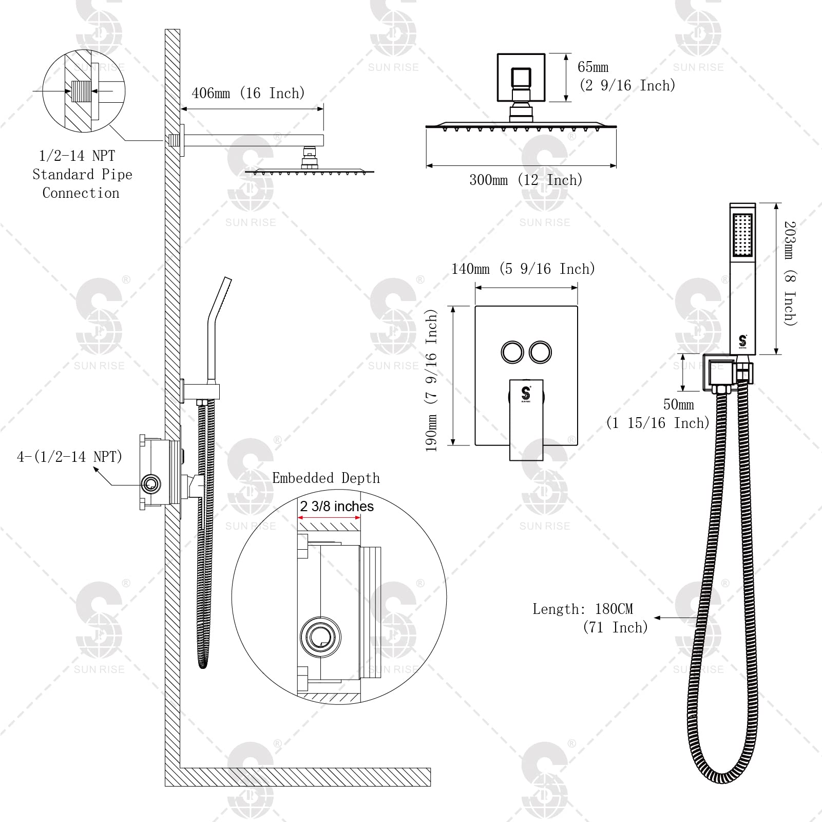 Cross Bar Button Shower Set (Square)