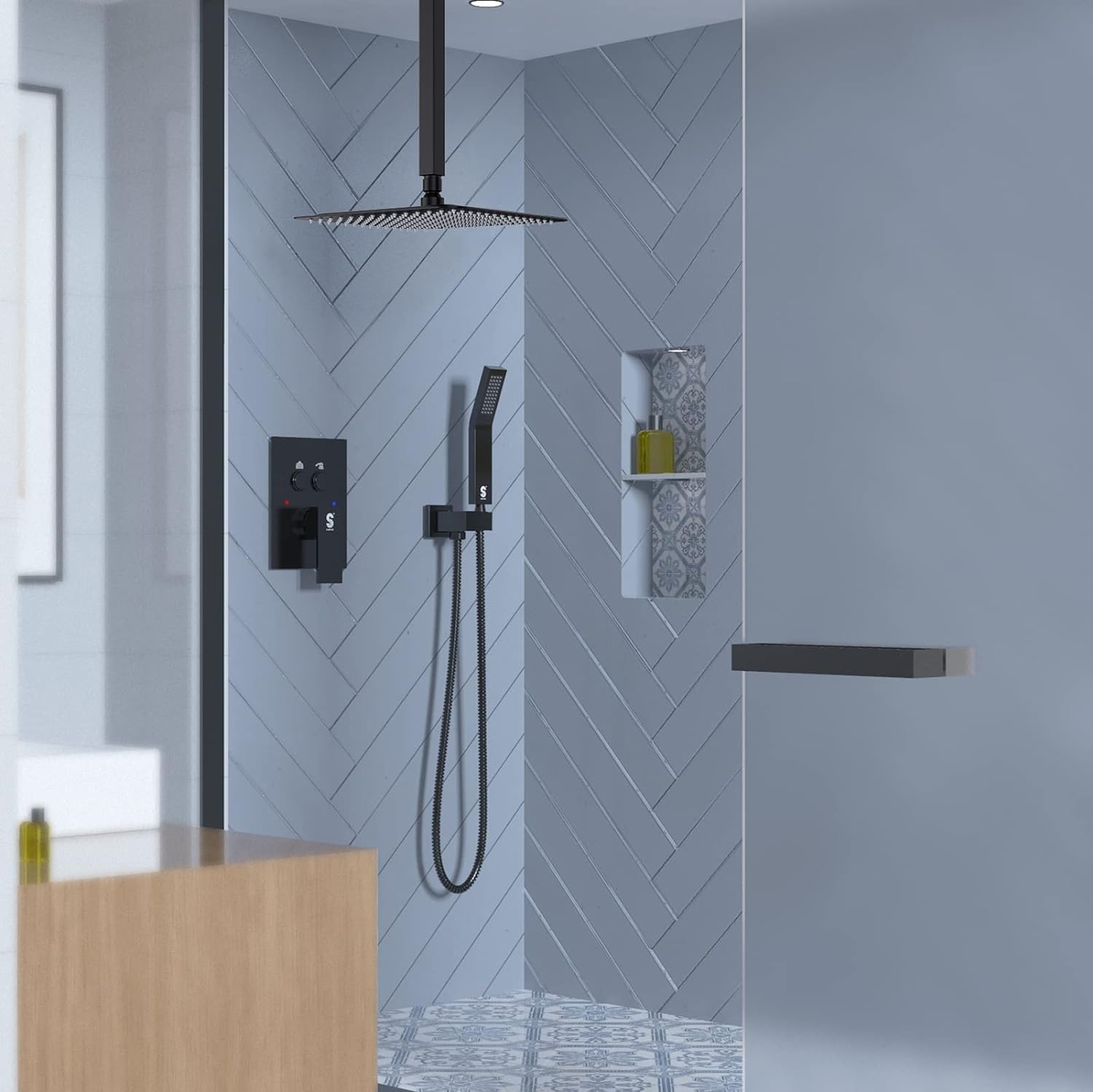 Ceiling Mounted Button Shower System (Square))