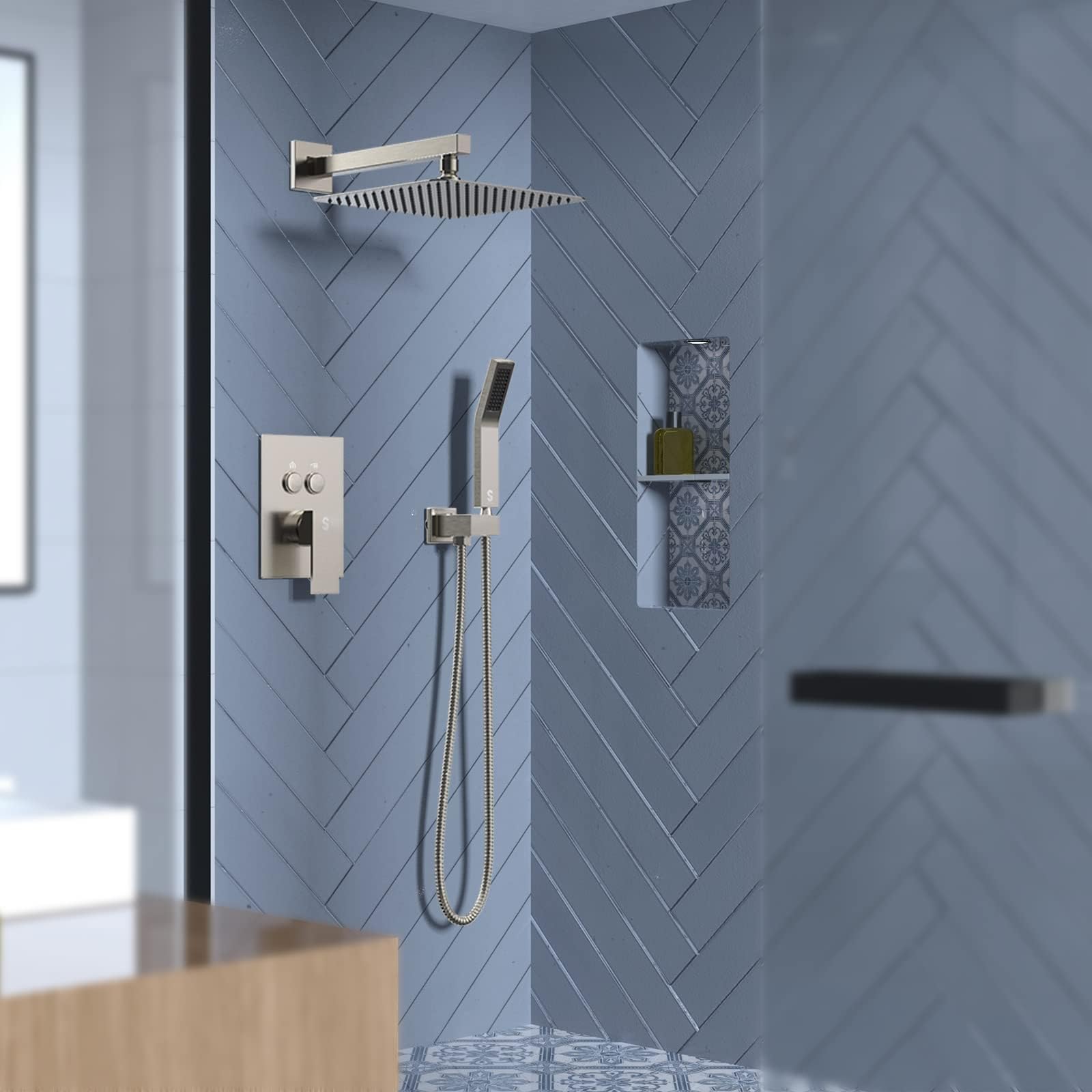 Cross Bar Button Shower Set (Square)