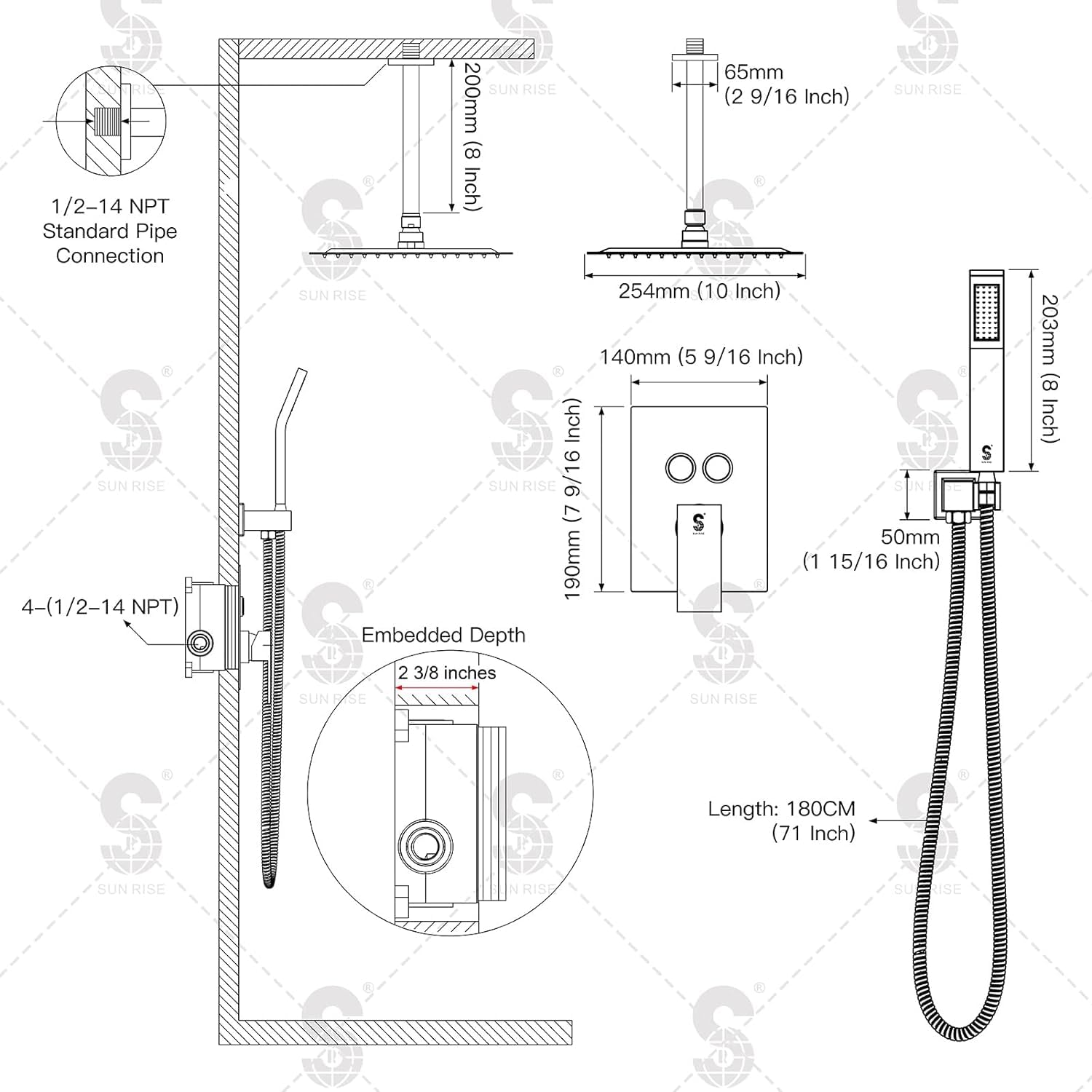 Ceiling Mounted Button Shower System (Square))