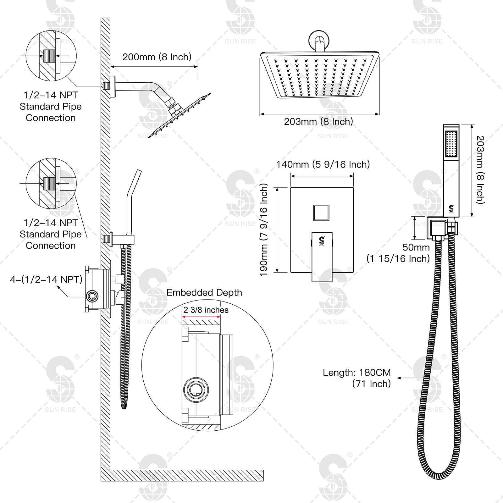 8 Inch Bend Pipe Shower Set (Square)