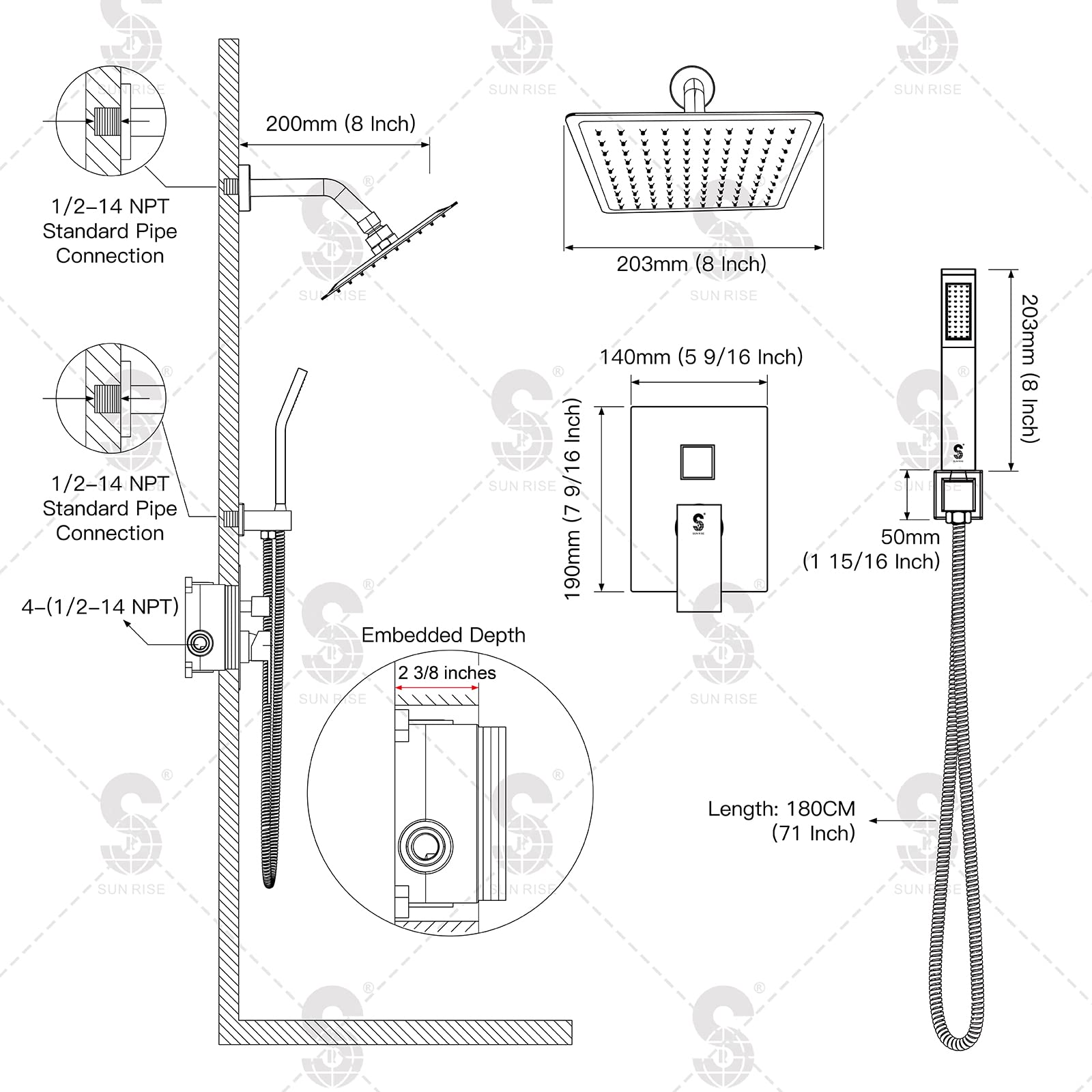 8 Inch Bend Pipe Shower Set (Square)