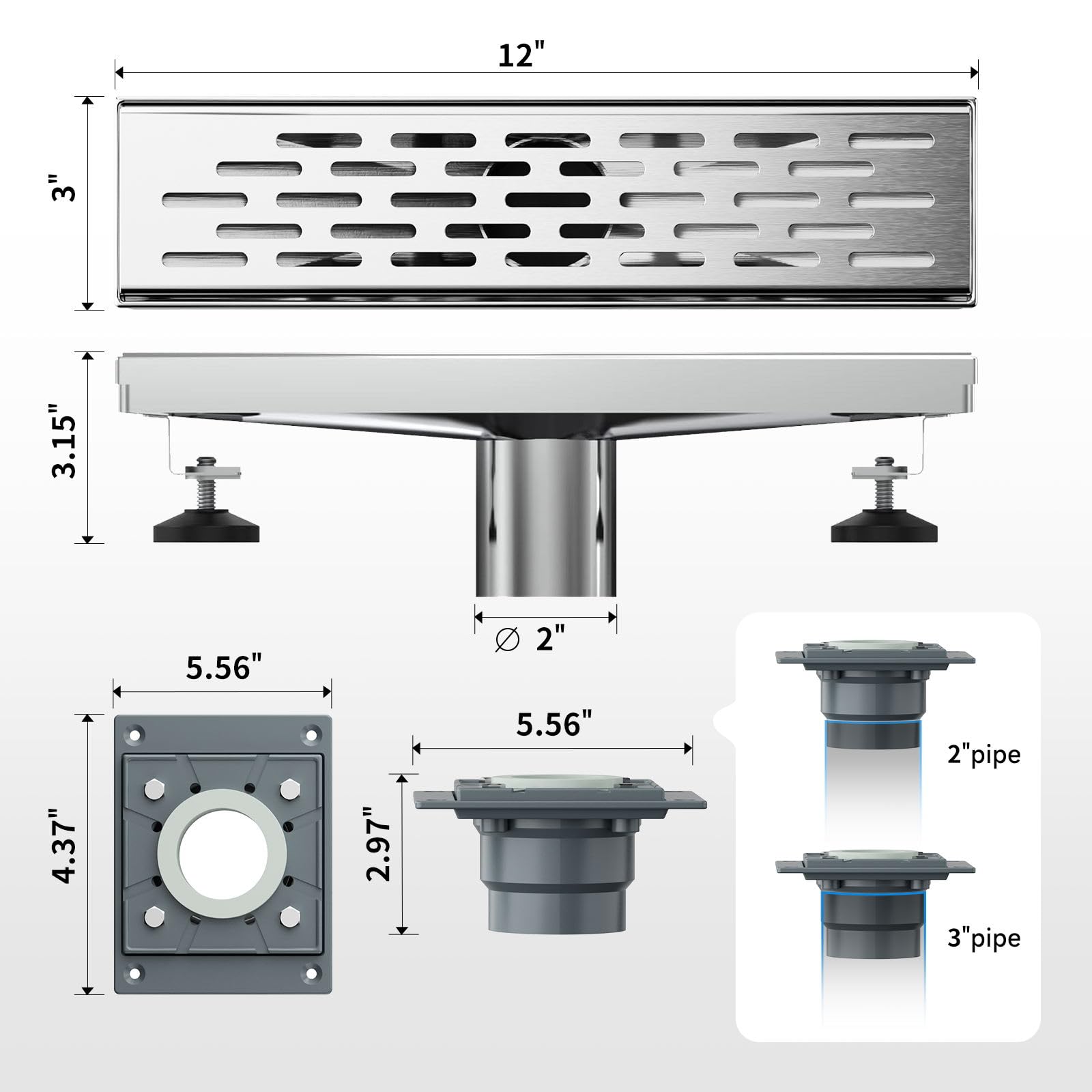 12 Inches Shower Drain with Removable Strainers,PVC Shower Drain Base for Bathroom Floor Drain,Brushed Nickel Stainless Finished