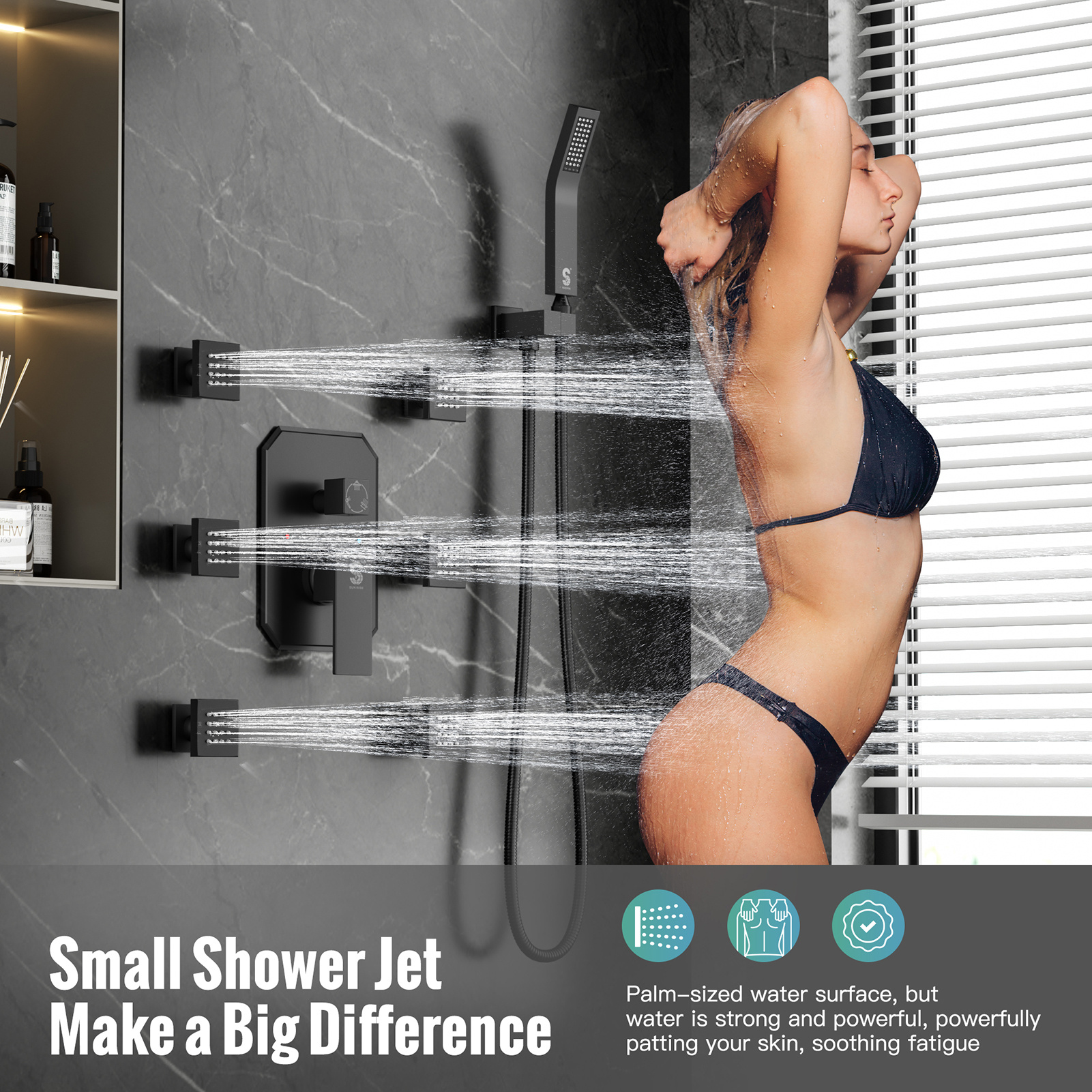 3-Function Horizontal Shower Rail with Side Spray System