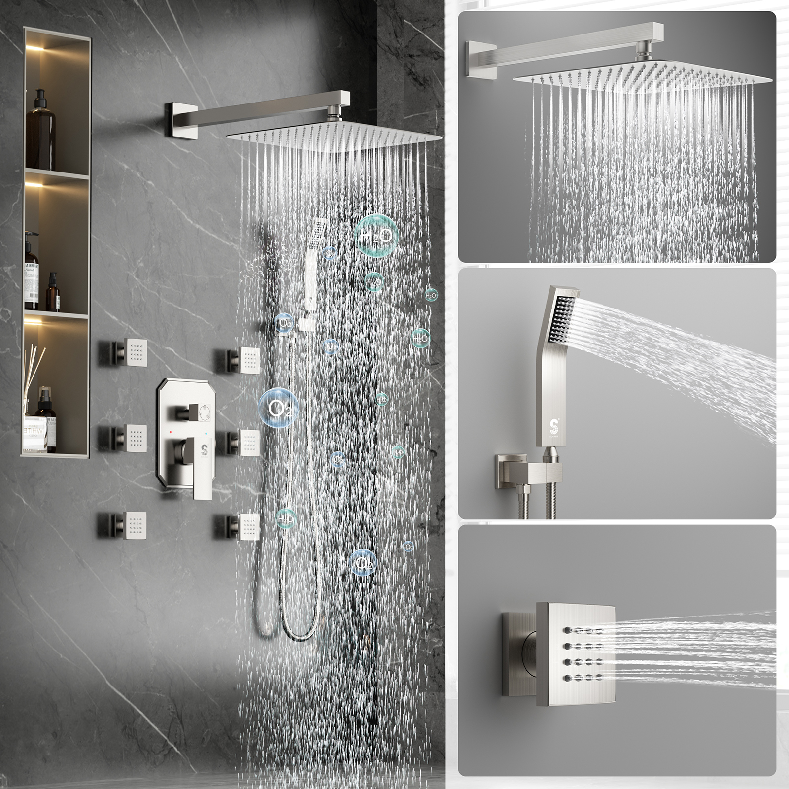 3-Function Horizontal Shower Rail with Side Spray System