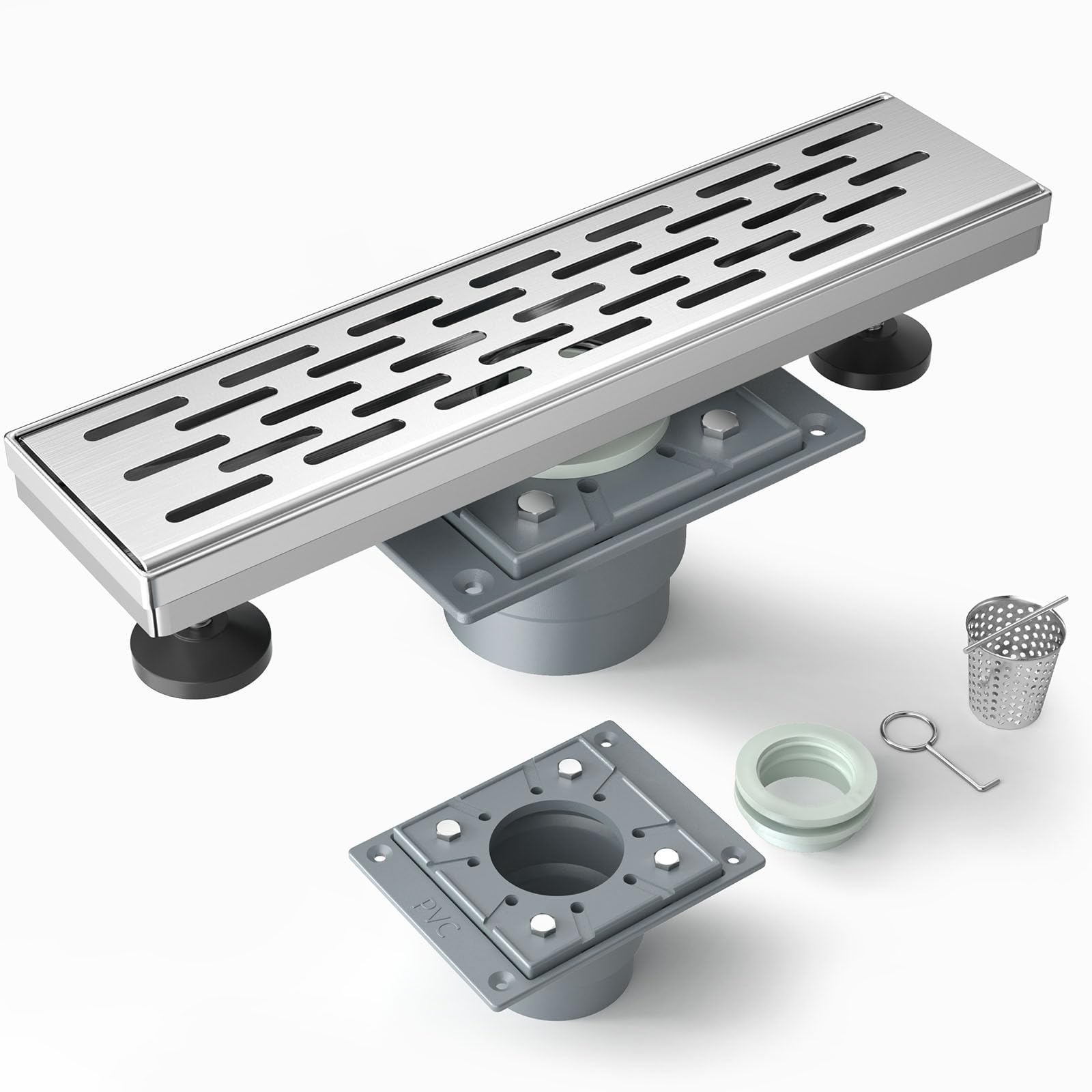 12 Inches Shower Drain with Removable Strainers,PVC Shower Drain Base for Bathroom Floor Drain,Brushed Nickel Stainless Finished