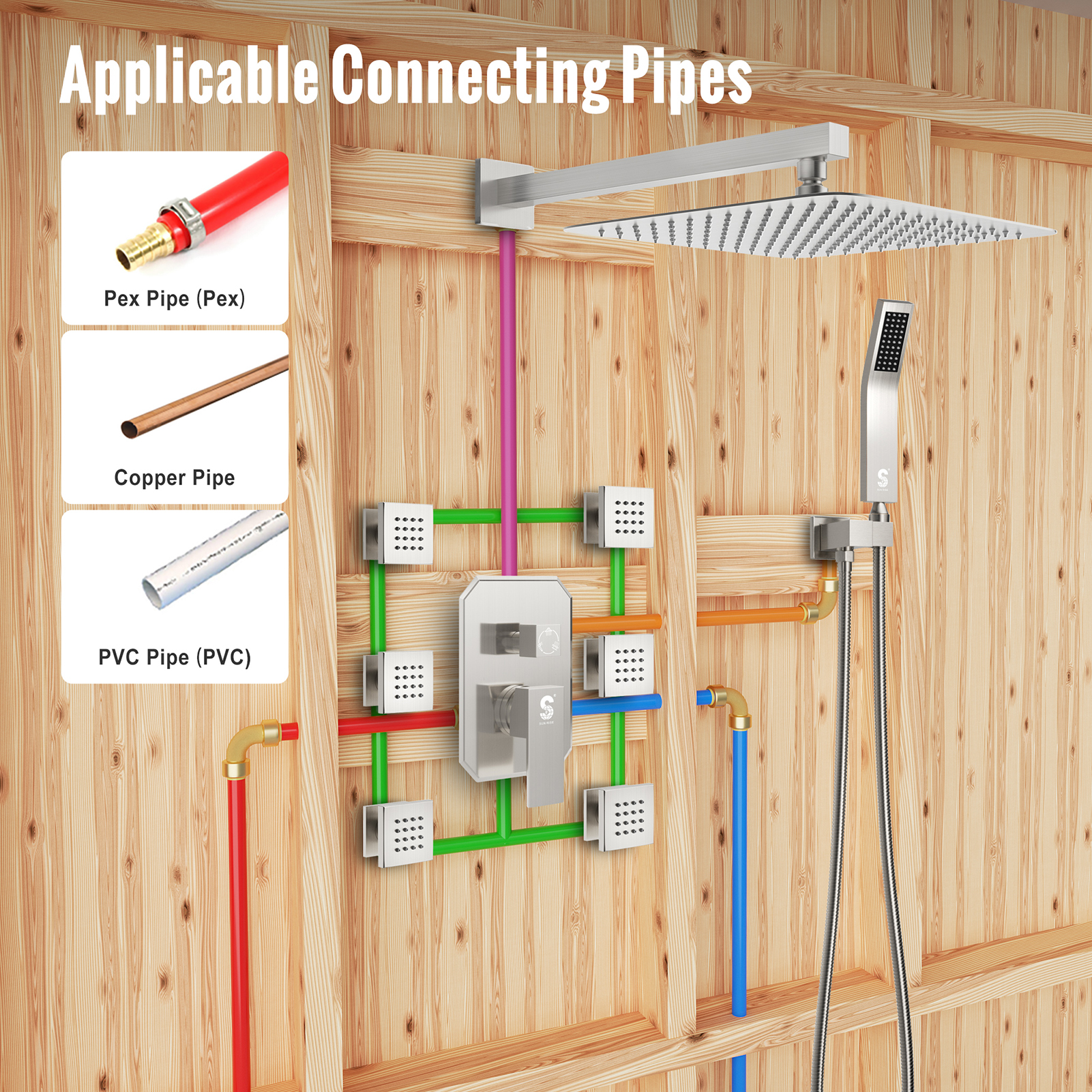 3-Function Horizontal Shower Rail with Side Spray System