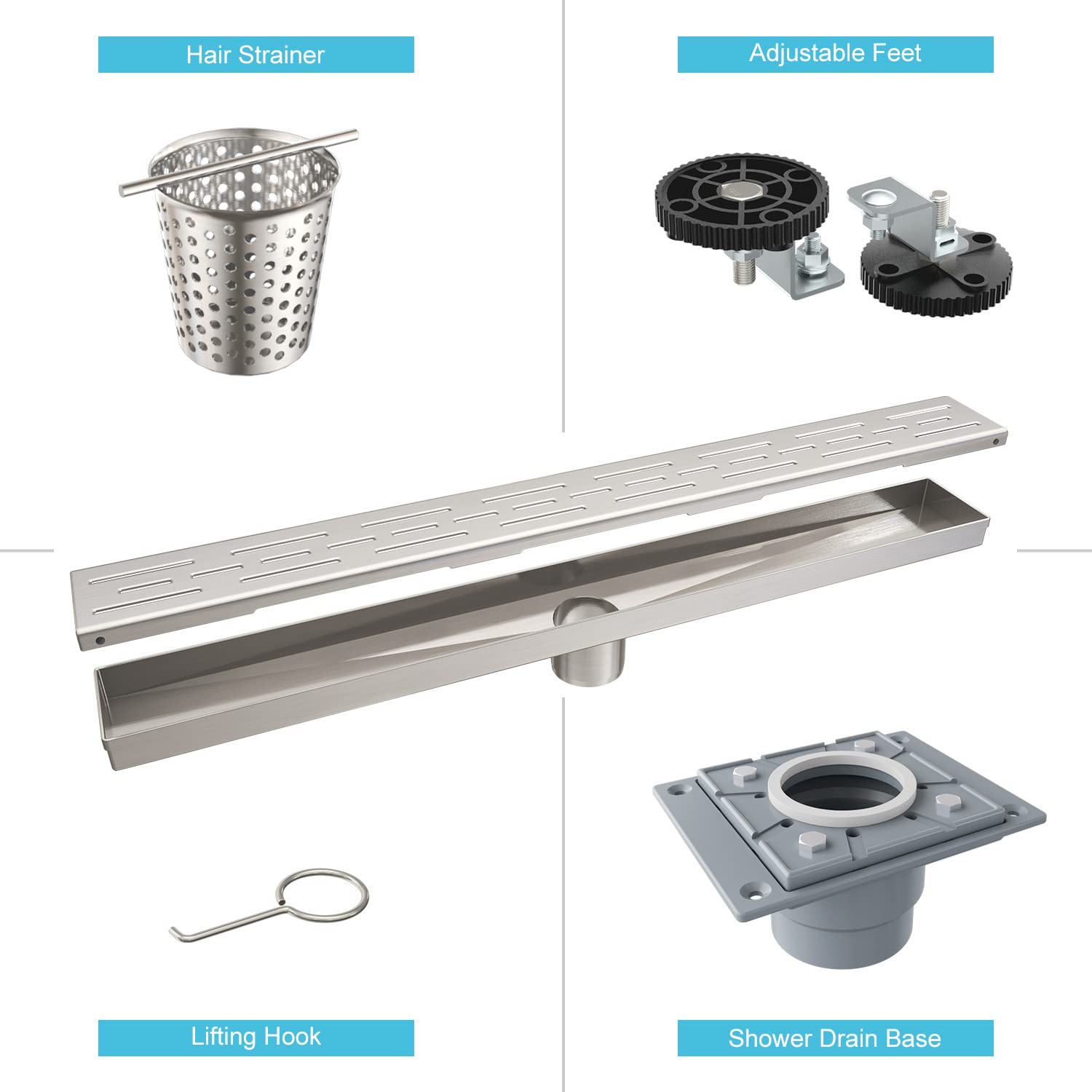 12 Inches Shower Drain with Removable Strainers,PVC Shower Drain Base for Bathroom Floor Drain,Brushed Nickel Stainless Finished