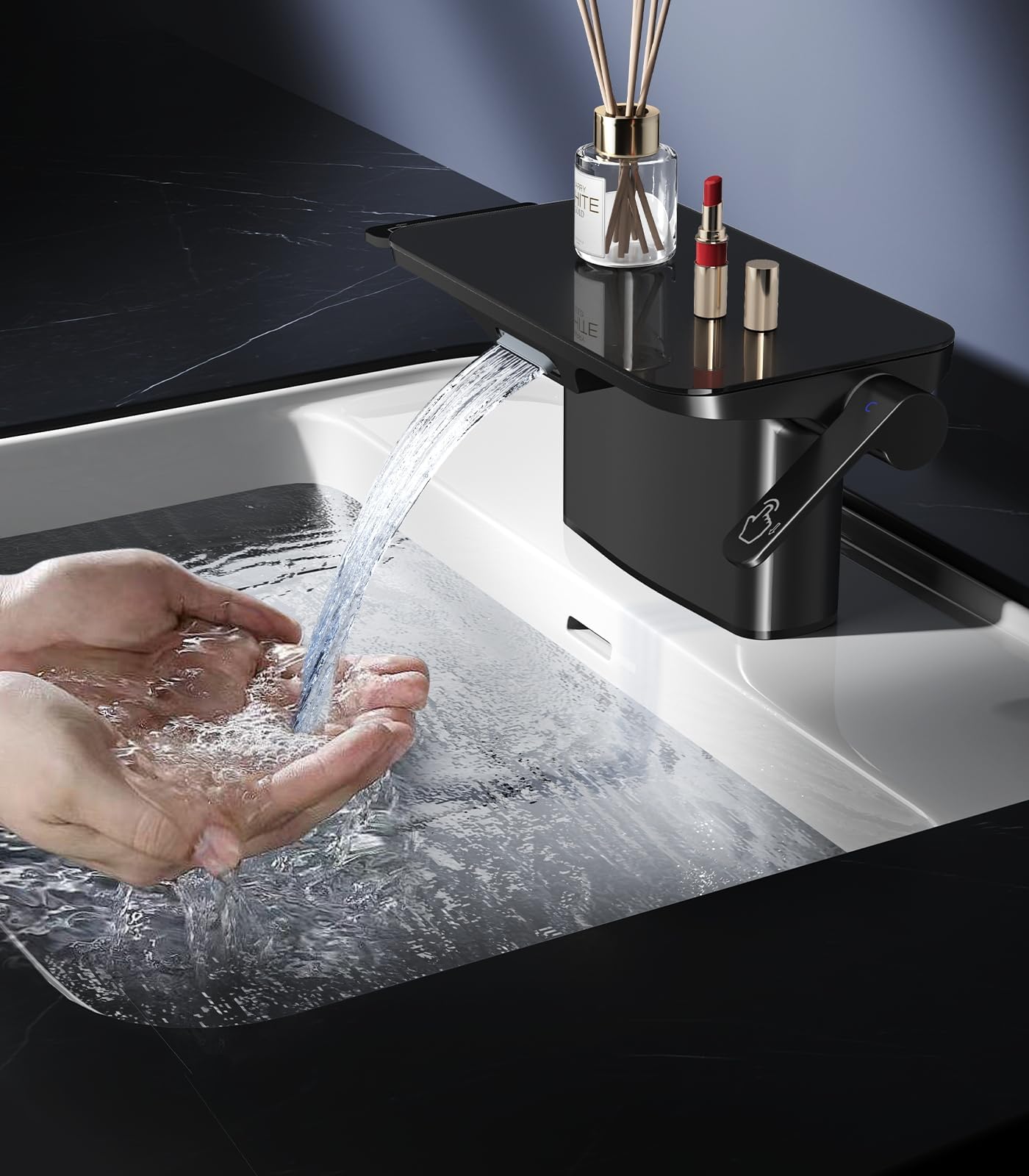 4-inch Double Handle Glass Shelf Waterfall Bathroom Sink Faucet