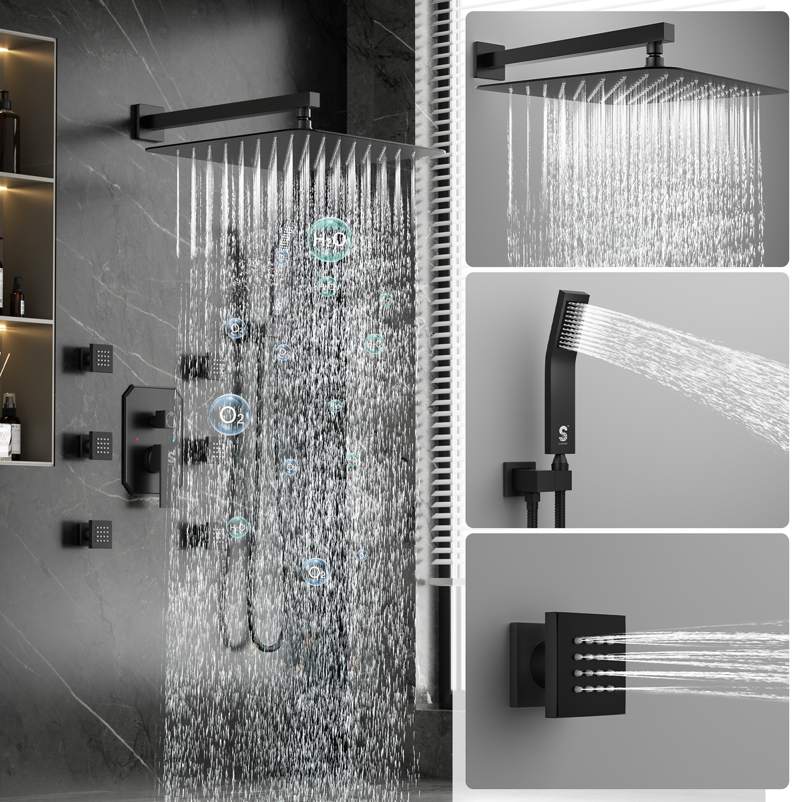 3-Function Horizontal Shower Rail with Side Spray System