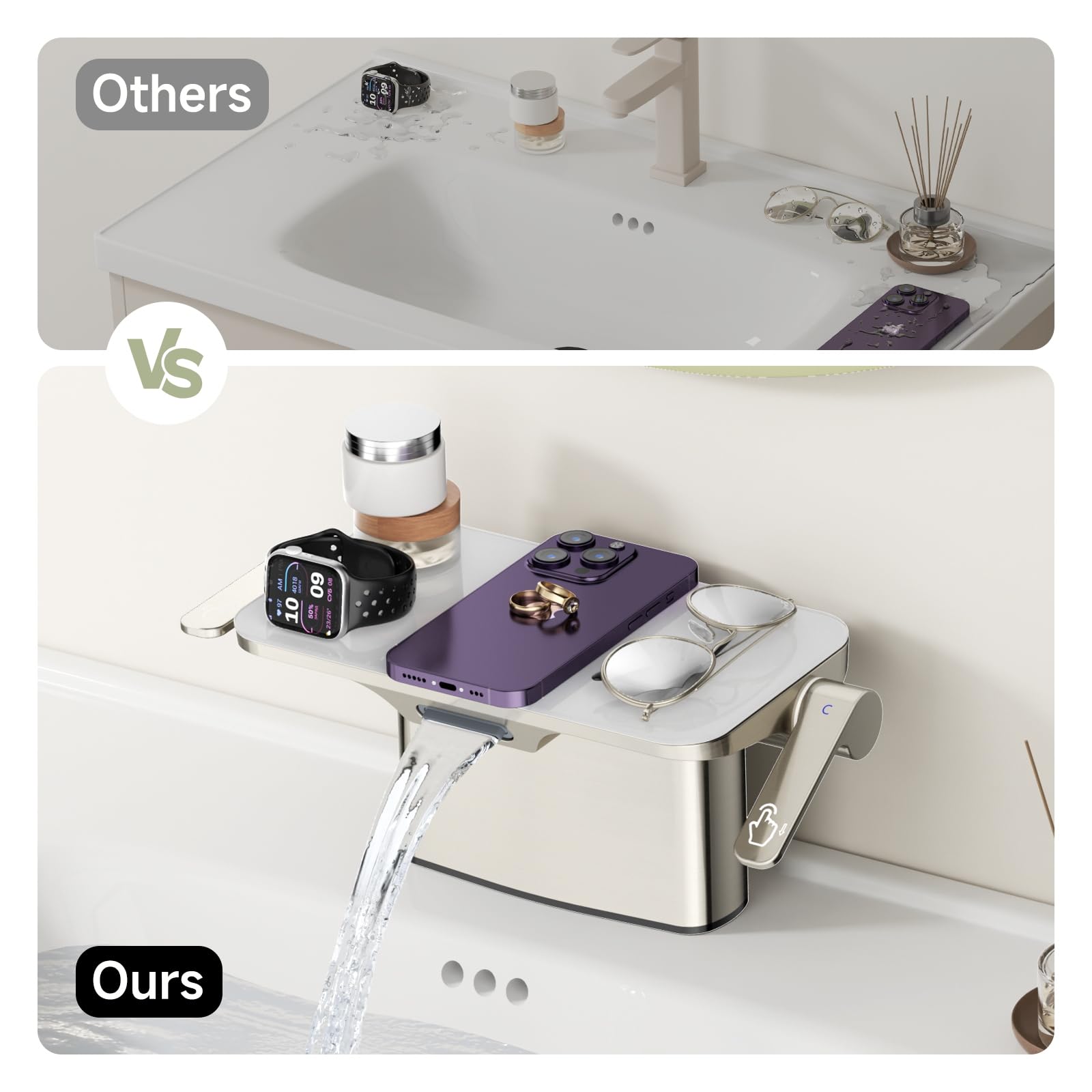 4-inch Double Handle Glass Shelf Waterfall Bathroom Sink Faucet