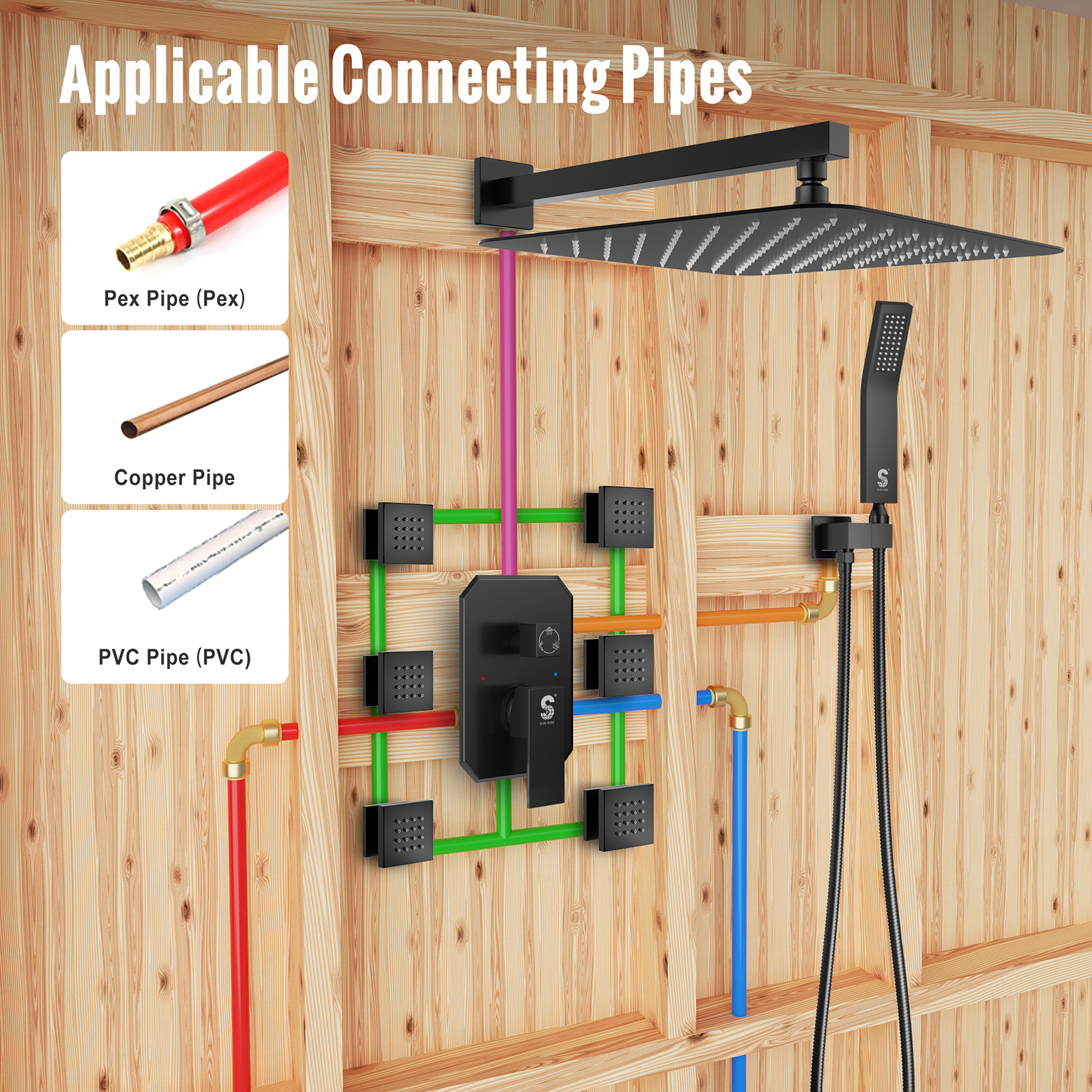 3-Function Horizontal Shower Rail with Side Spray System